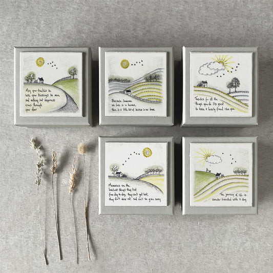 Set of six framed prints with scenic illustrations and text on a gray wall.