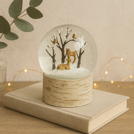 Elegant winter snow globe with miniature deer and trees inside, resting on a light wooden base and placed on a beige book, surrounded by soft fairy lights and green eucalyptus leaves for a cozy decorative aesthetic.