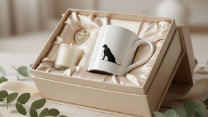 Luxury gift box with white mug showing black dog silhouette, ivory candle and heart charm on satin lining, elegant mug gift set.