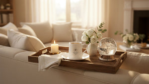 Steaming coffee in white mug on wooden tray with candle, white roses and glass snow globe on cream sofa, cozy living-room lifestyle shot.