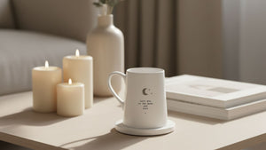 White ceramic mug with crescent moon and Love you to the moon and back text beside cream pillar candles, minimalist neutral decor.