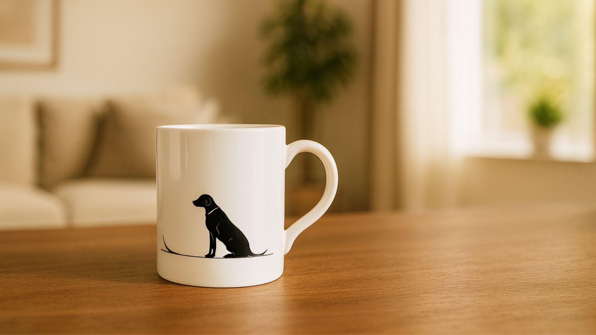 White ceramic mug with a black dog silhouette on a wooden table in a softly lit, cosy living room with blurred sofa, plant and window in the background.
