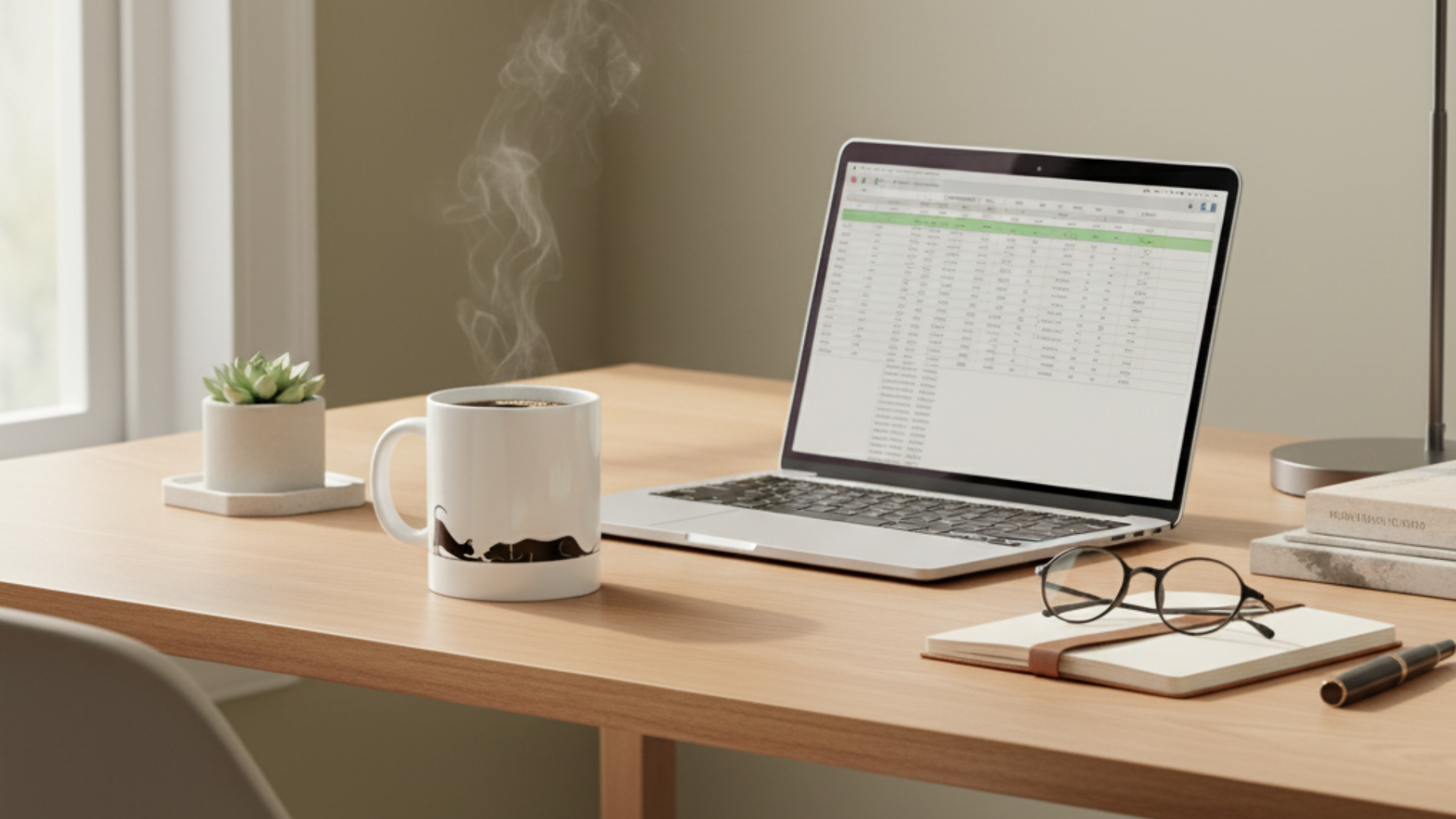 Modern home office setup with a white ceramic mug showing a black dog silhouette, steaming coffee, open laptop displaying spreadsheet, notebook, pen, and glasses on a wooden desk near a window with natural daylight.