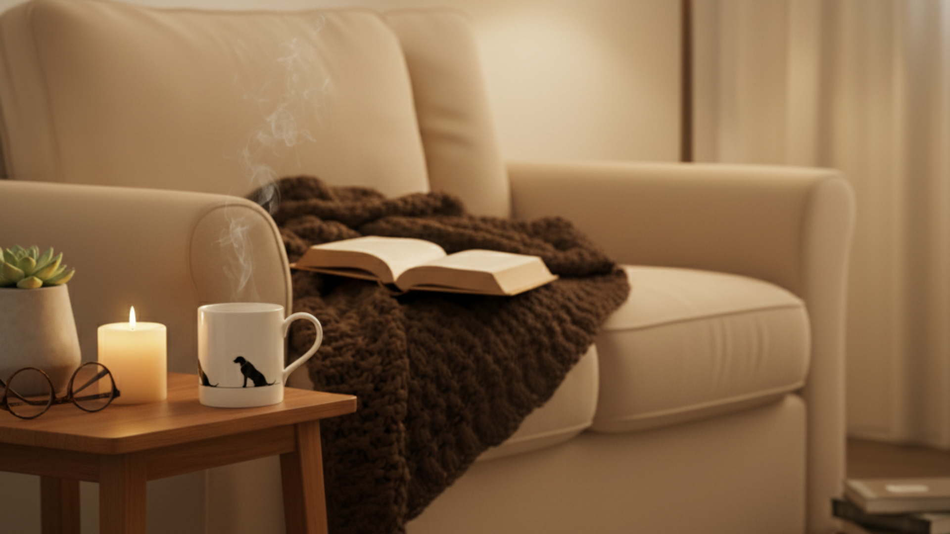 Cozy living room scene with a white ceramic mug featuring a black dog silhouette placed beside a lit candle and small succulent on a wooden table, next to a beige sofa with an open book and knitted blanket, creating a warm evening atmosphere.