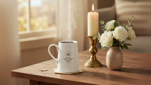 White quote mug “Distance means so little” on rustic wooden table beside lit candle and white rose vase in soft window light