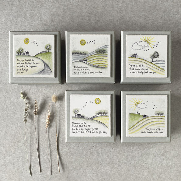 Set of six framed prints with scenic illustrations and text on a gray wall.