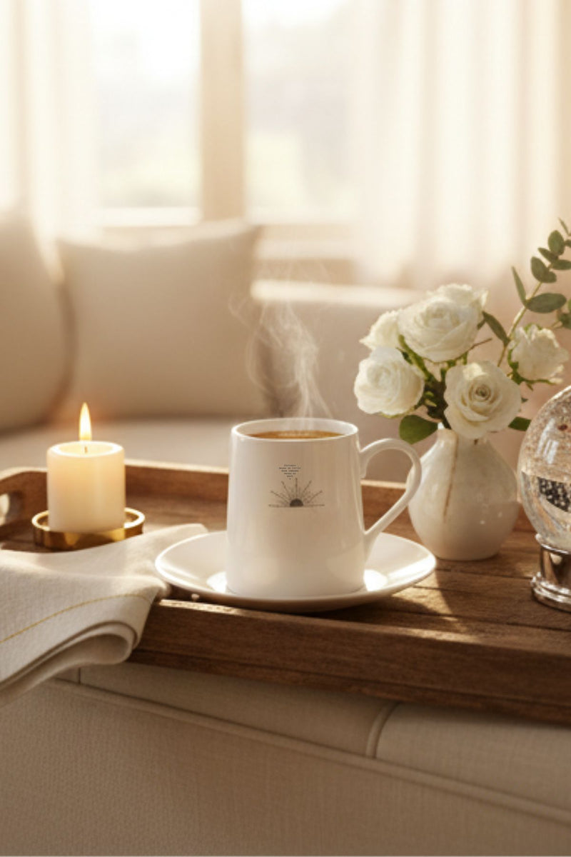 Steaming coffee in white mug on wooden tray with candle, white roses and glass snow globe on cream sofa, cozy living-room lifestyle shot.