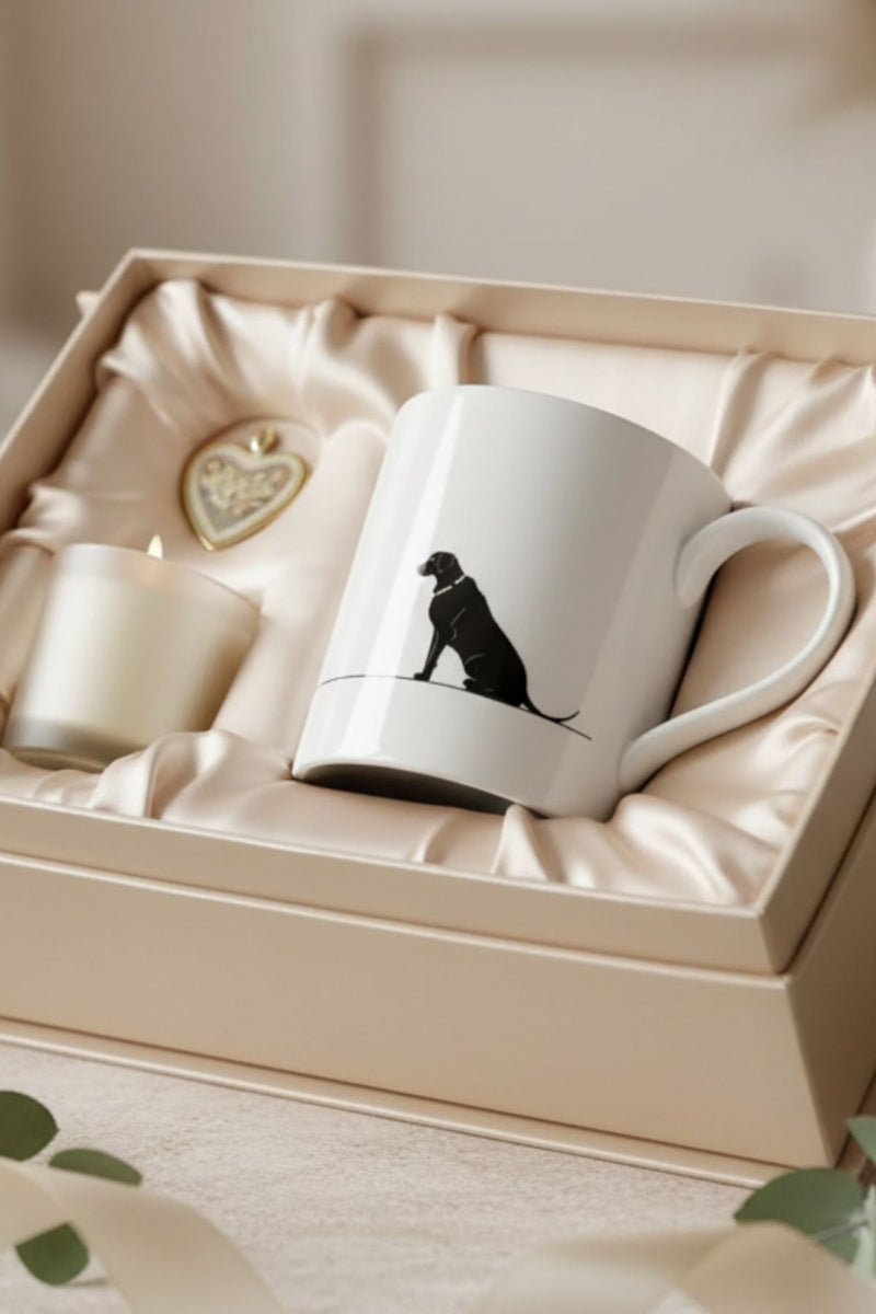 Luxury gift box with white mug showing black dog silhouette, ivory candle and heart charm on satin lining, elegant mug gift set.