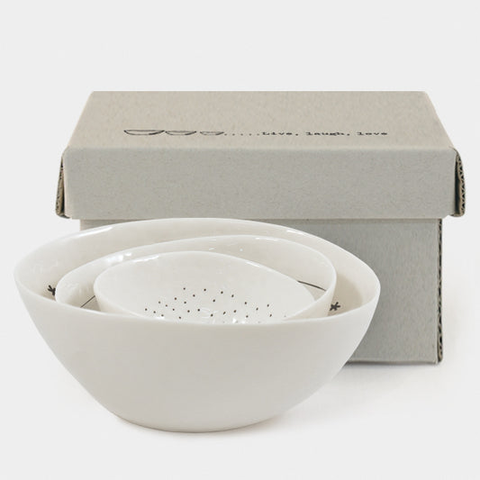 Set of white ceramic bowls with a box on a white background