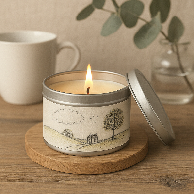 Candle in a decorative tin with a landscape design, placed on a wooden coaster with a cup and plant in the background.