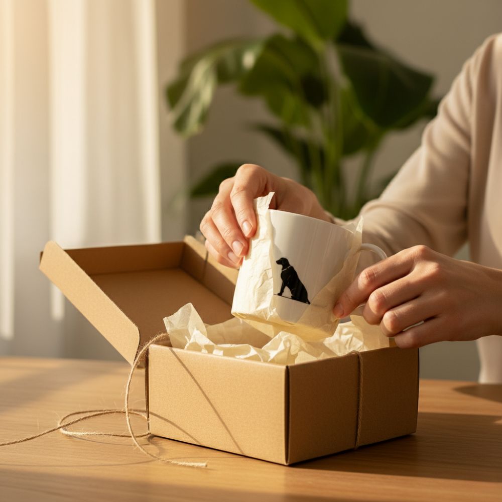 Minimalist white ceramic mug with a black cat silhouette design, filled with tea and placed on a beige cloth with a green leaf, beside an open eco-friendly cardboard gift box on a wooden table in soft natural light.