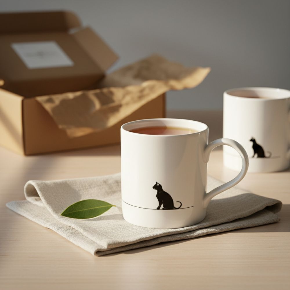 Person unwrapping a white ceramic mug with a black dog silhouette from a brown eco-friendly gift box, surrounded by tissue paper, on a wooden table with natural sunlight and green houseplants in the background.
