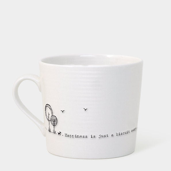 White mug with black text and design on a white background