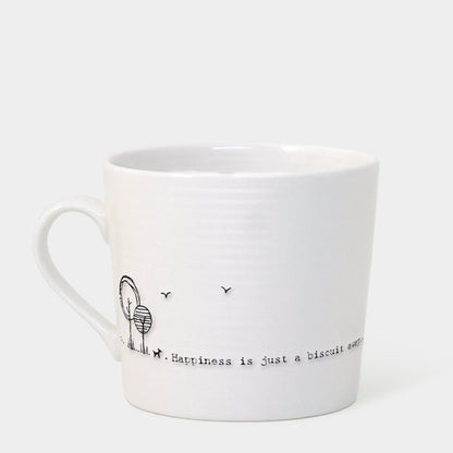 White mug with black text and design on a white background