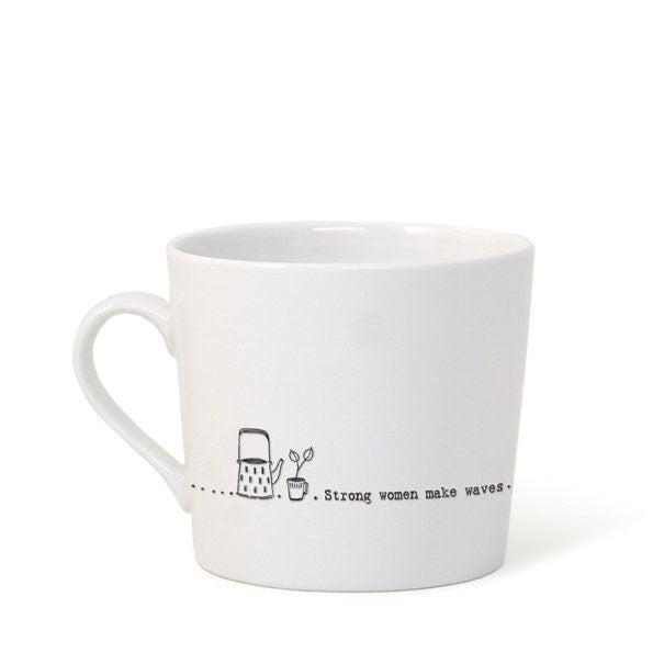 White mug with a design and text on a white backgound.
