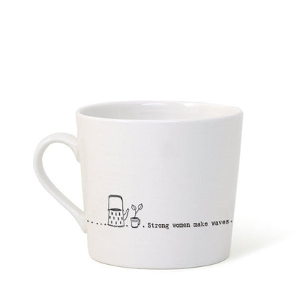 White mug with a design and text on a white backgound.