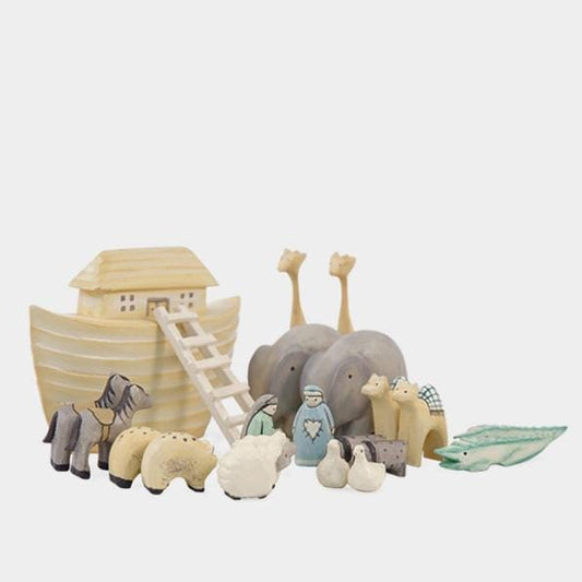 Noah's ark toy set with animals on a white background