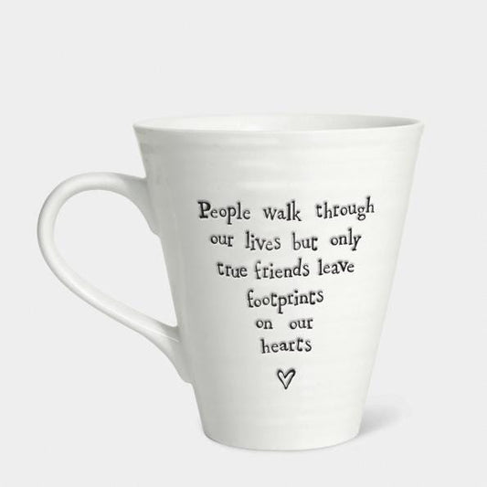 White mug with black text and heart symbol on a white background